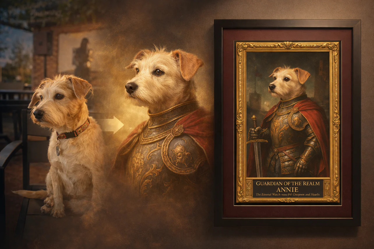 A real dog photo transformed into a regal framed pet portrait